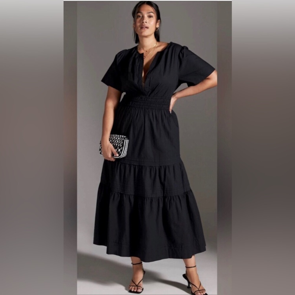 NWT Quince Smocked Tiered Organic Poplin Cotton Pocket Maxi Dress - Picture 1 of 13